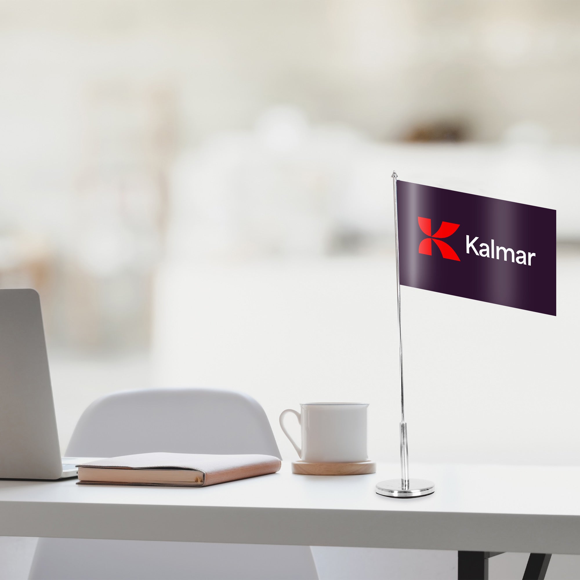 purple table flag on table with kalmar logo