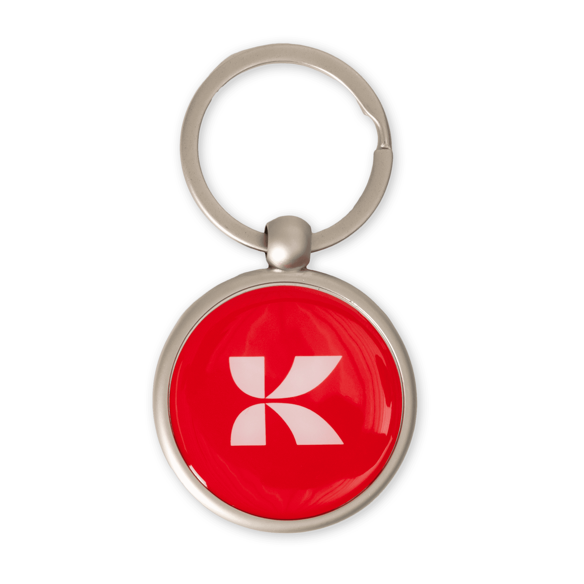 Metal key ring with red rubber circle with white K in