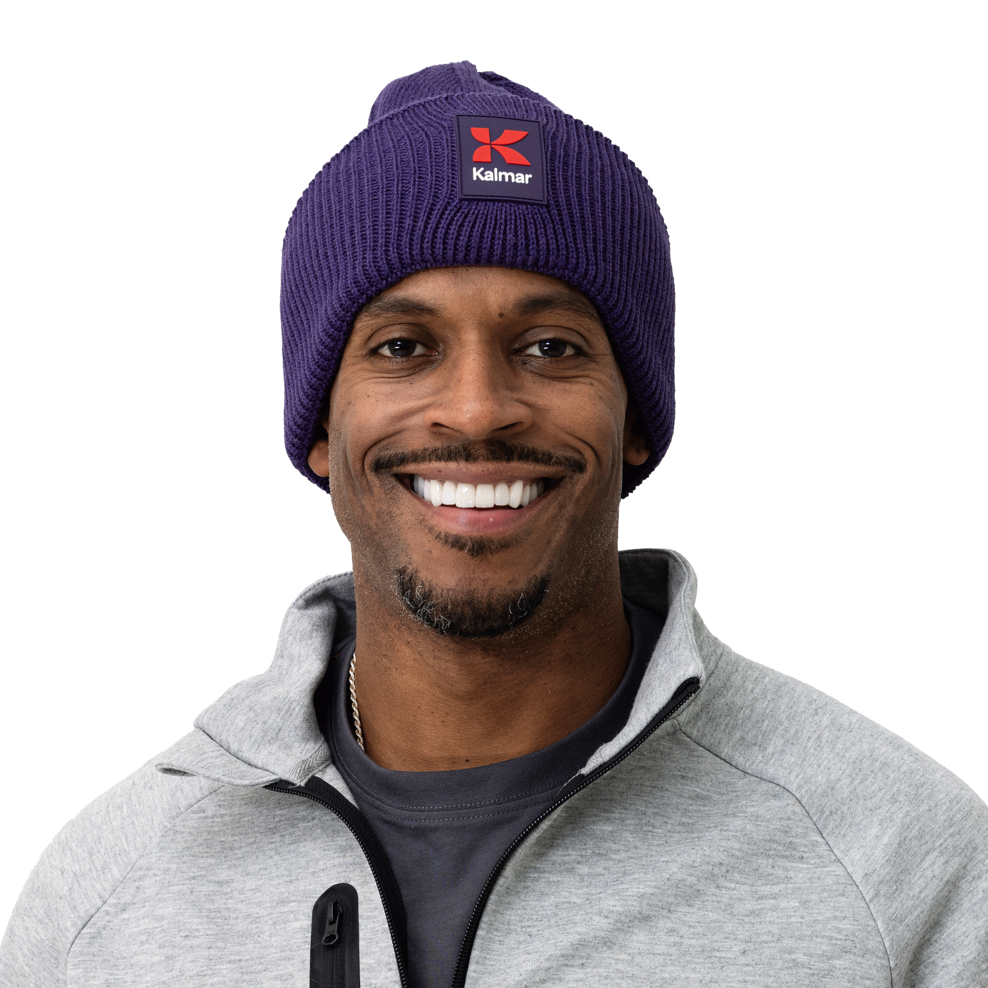 dark purple knitted hat with Kalmar rubber logo on the front