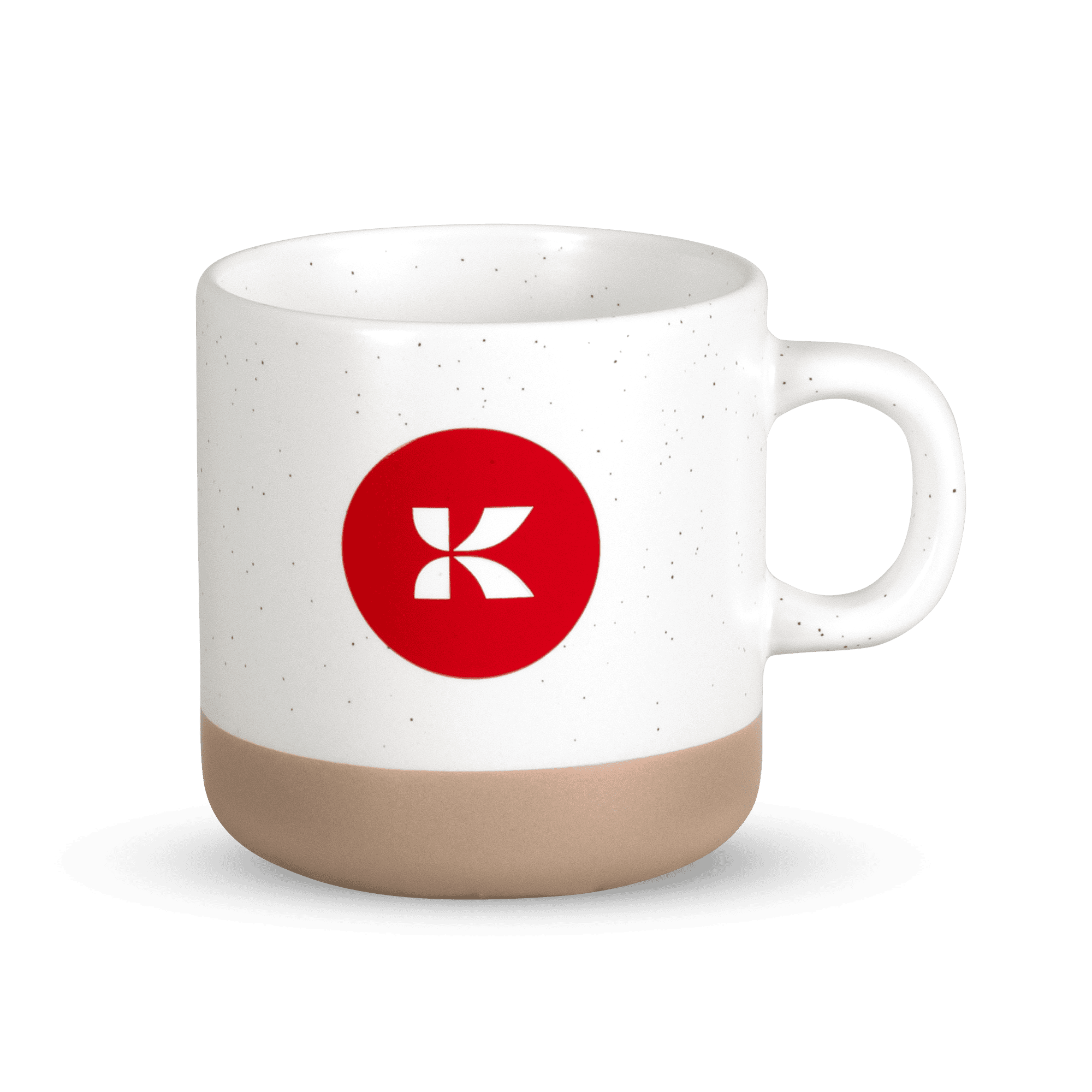 White cup with raw clay bottom and red circle with Kalmar K in white