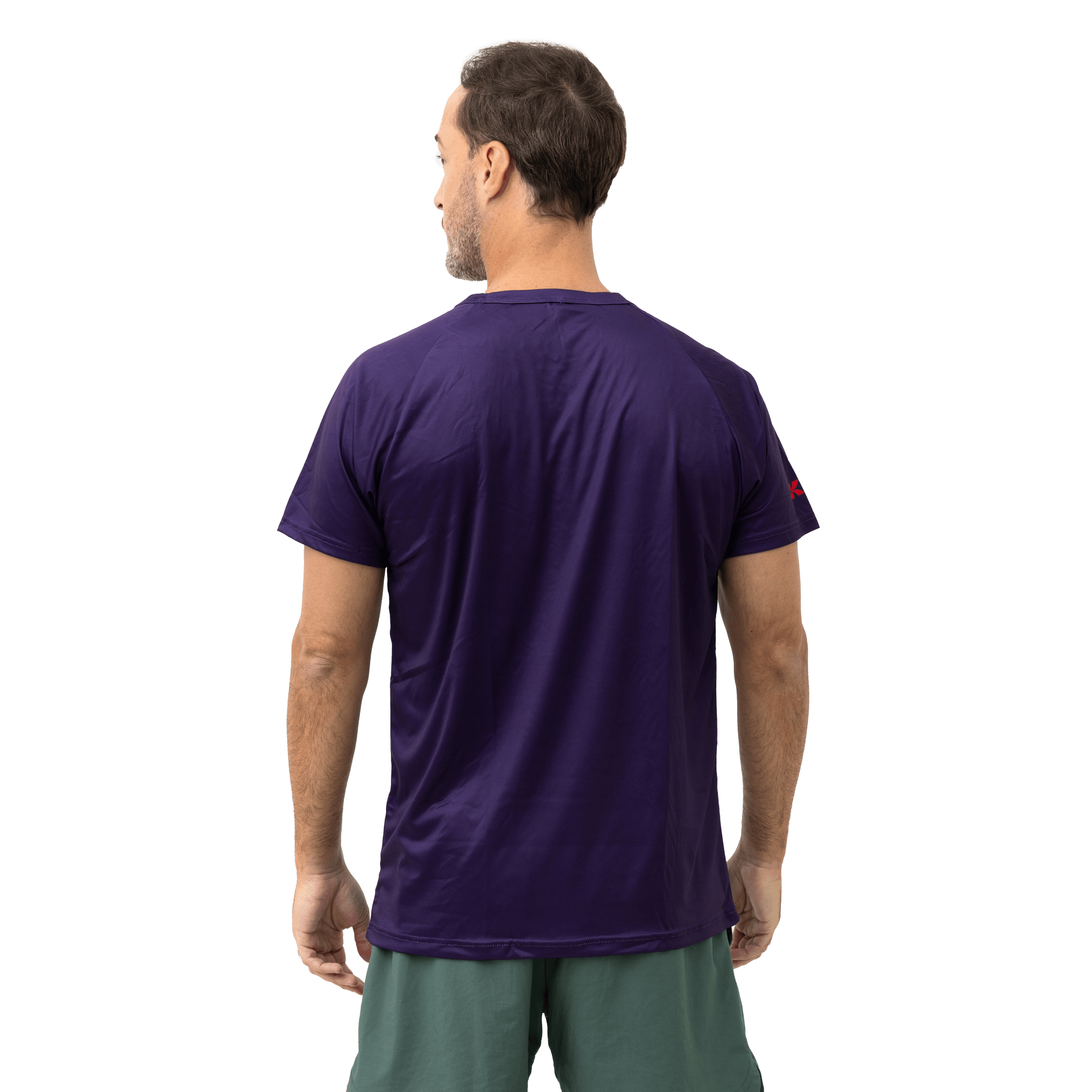 purple active tee with kalmar logo on male model from back