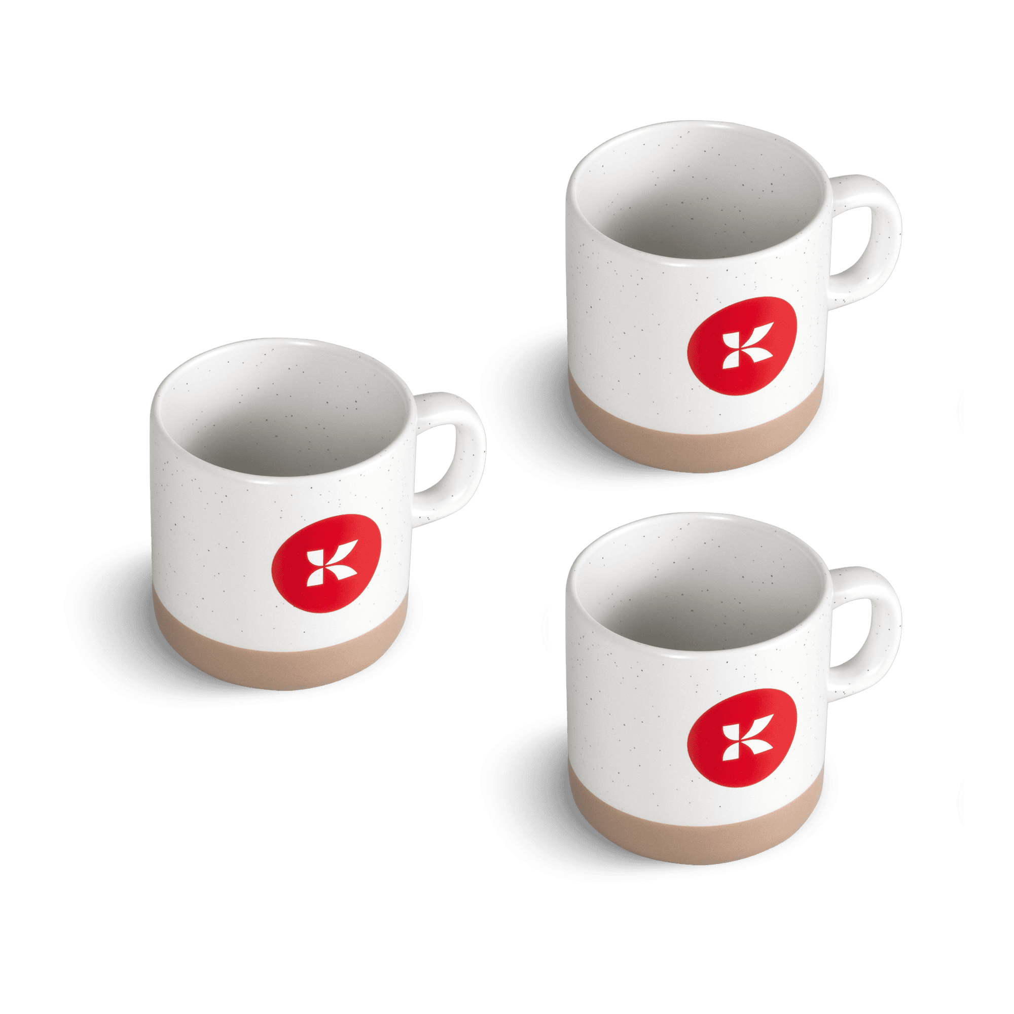 White cup with raw clay bottom and red circle with Kalmar K in white