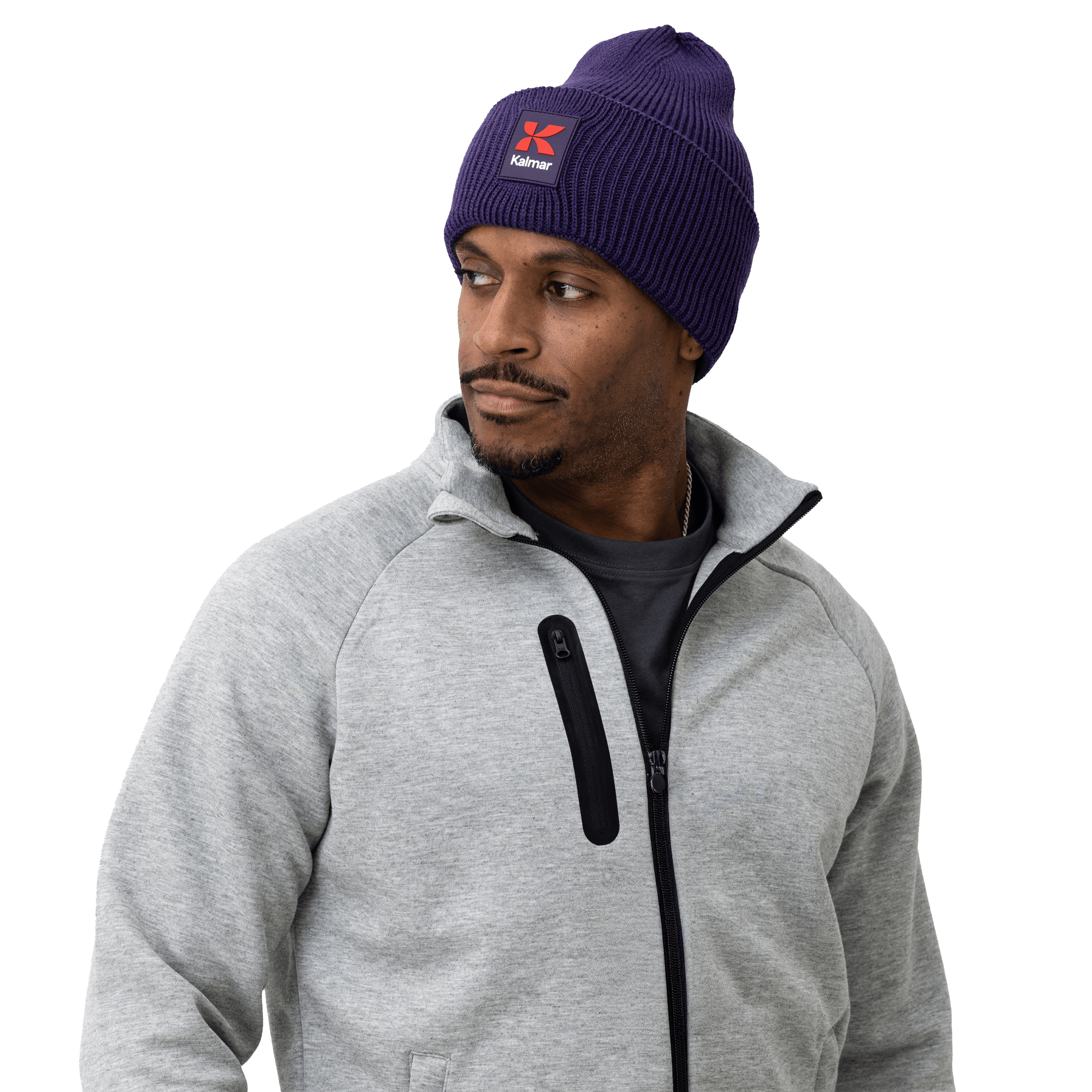 dark purple knitted hat with Kalmar rubber logo on the front