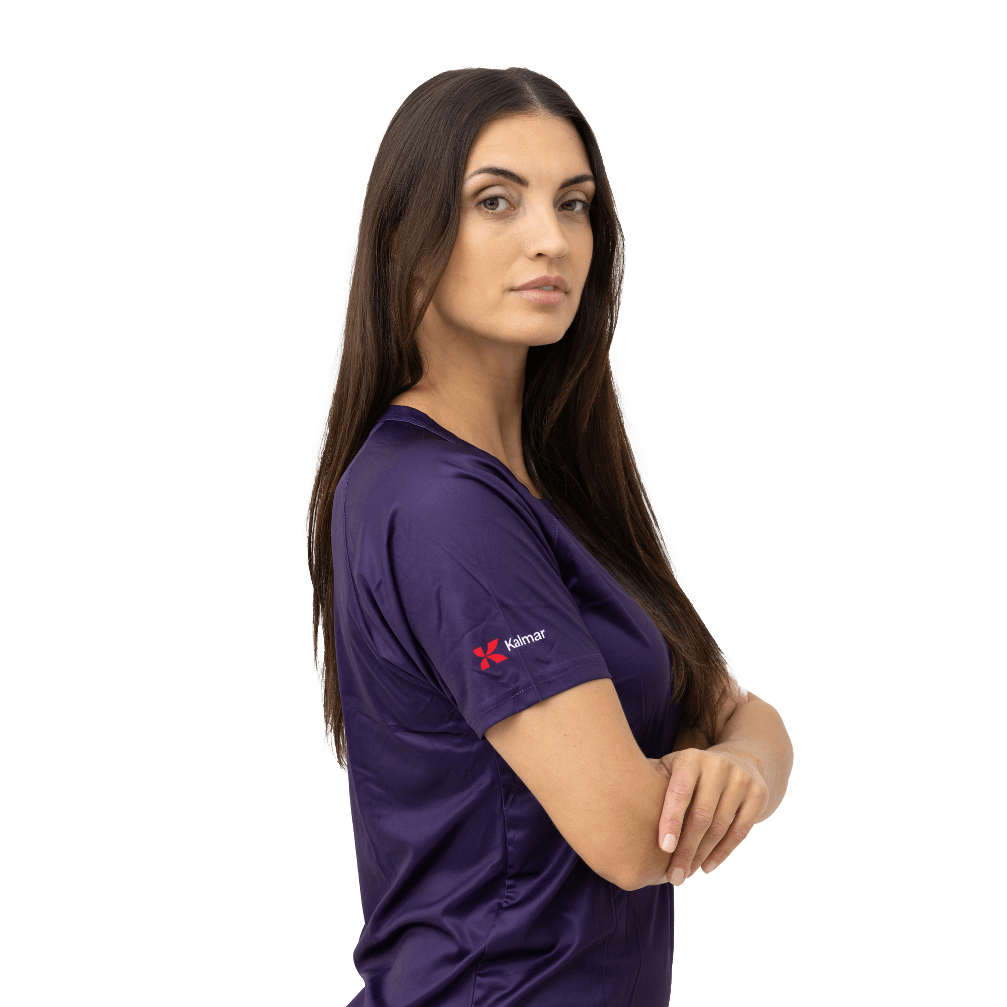 purple active tee with kalmar logo close up on arm