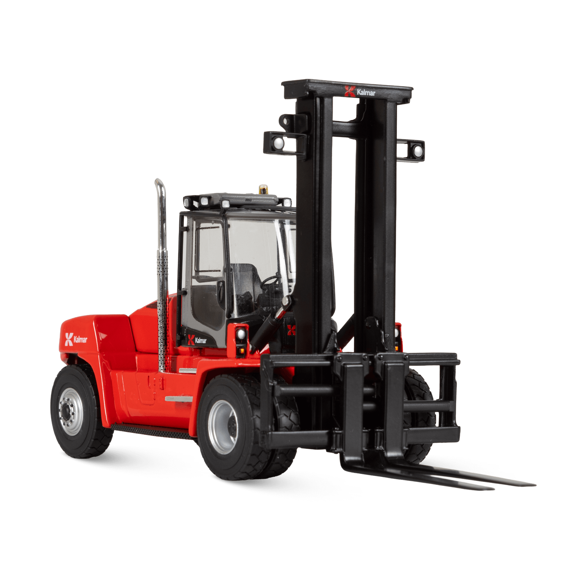 red scale model fork lift with white kalmar logo