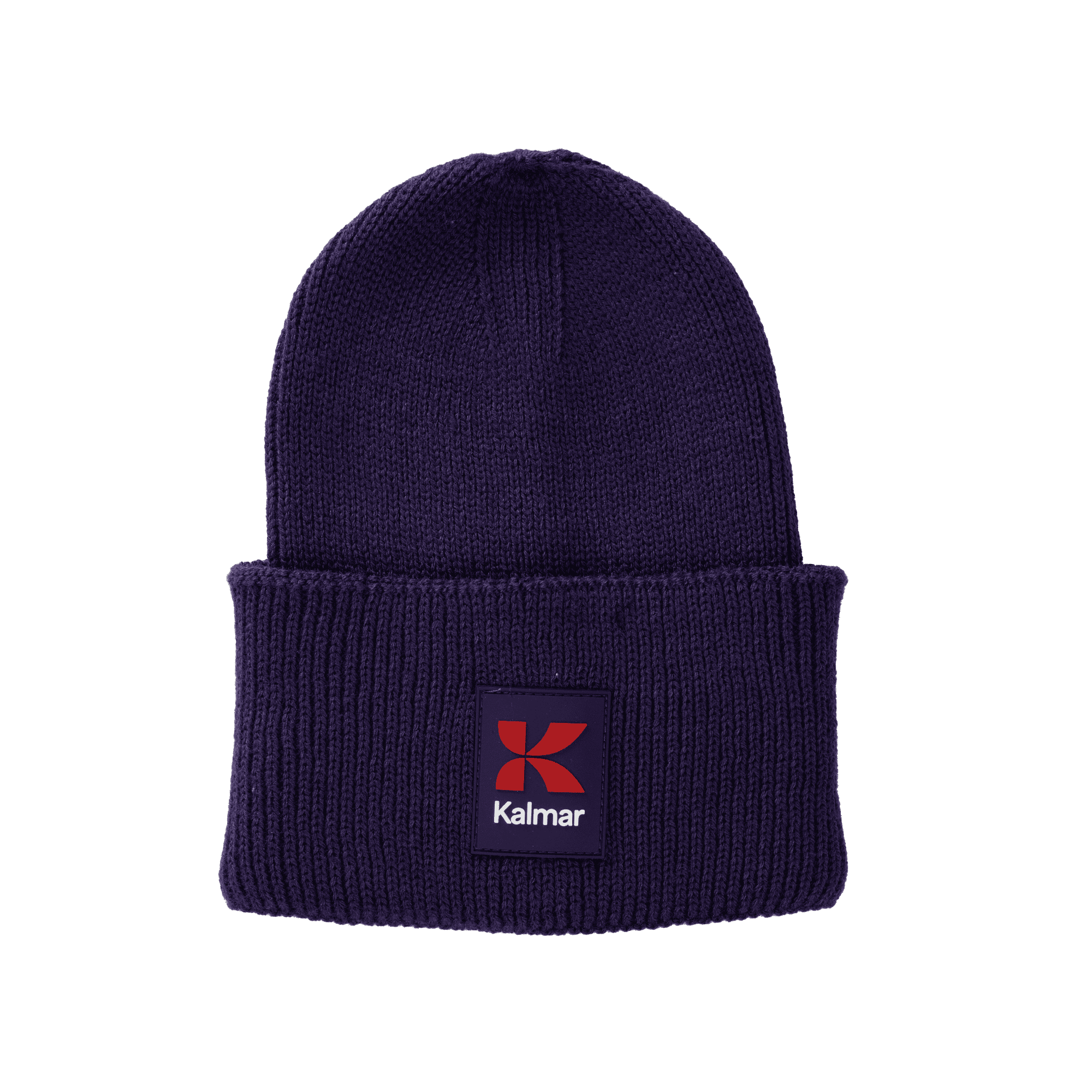 dark purple knitted hat with Kalmar rubber logo on the front