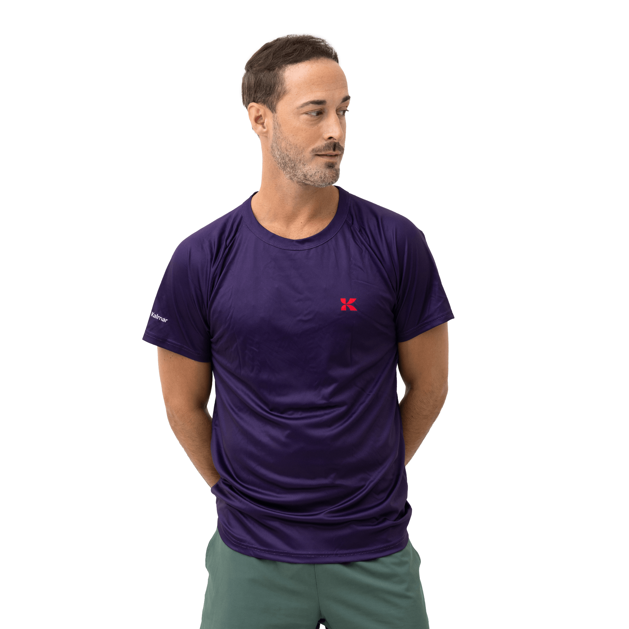 purple active tee with kalmar logo on male model