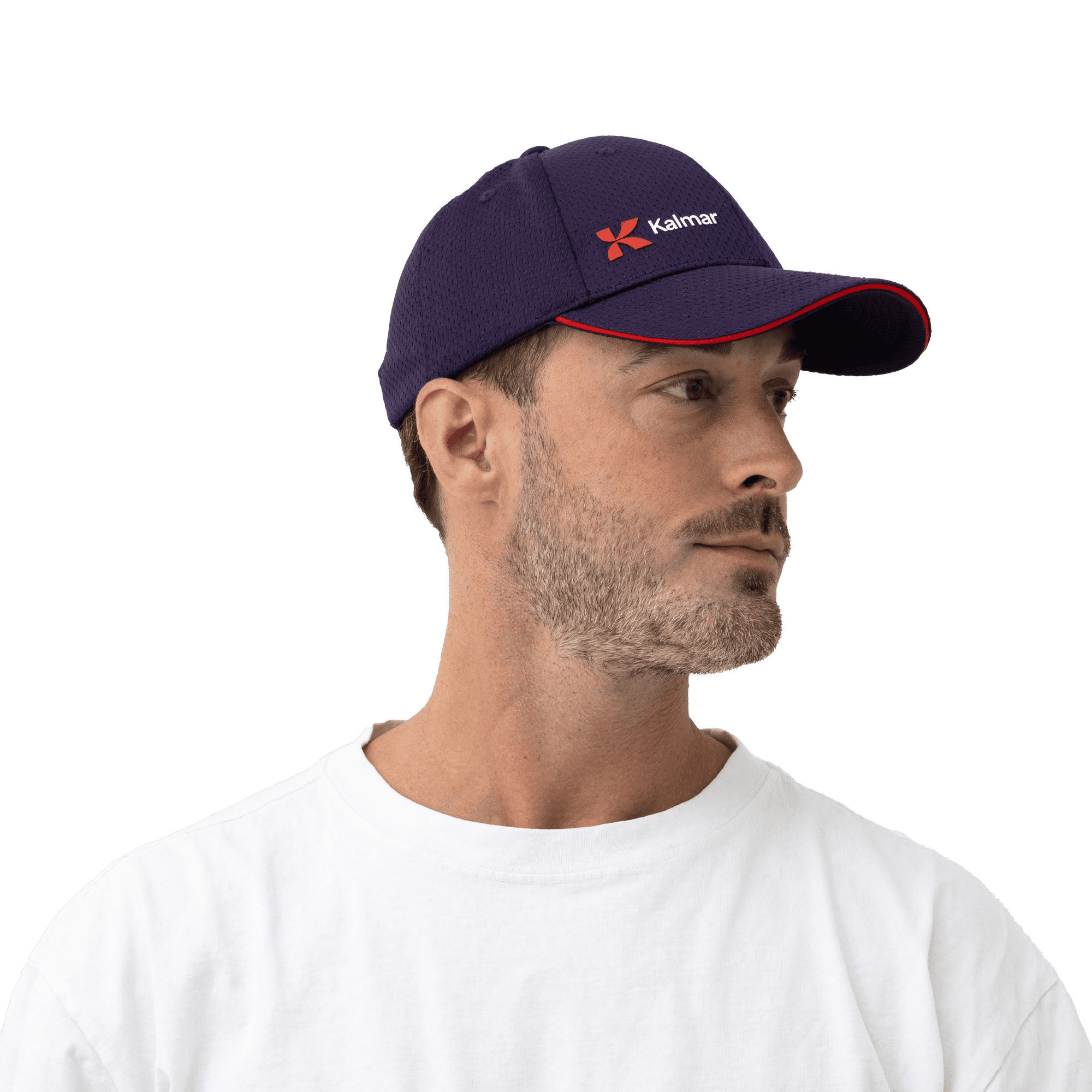 purple kalmar cap with white kalmar logo and red details