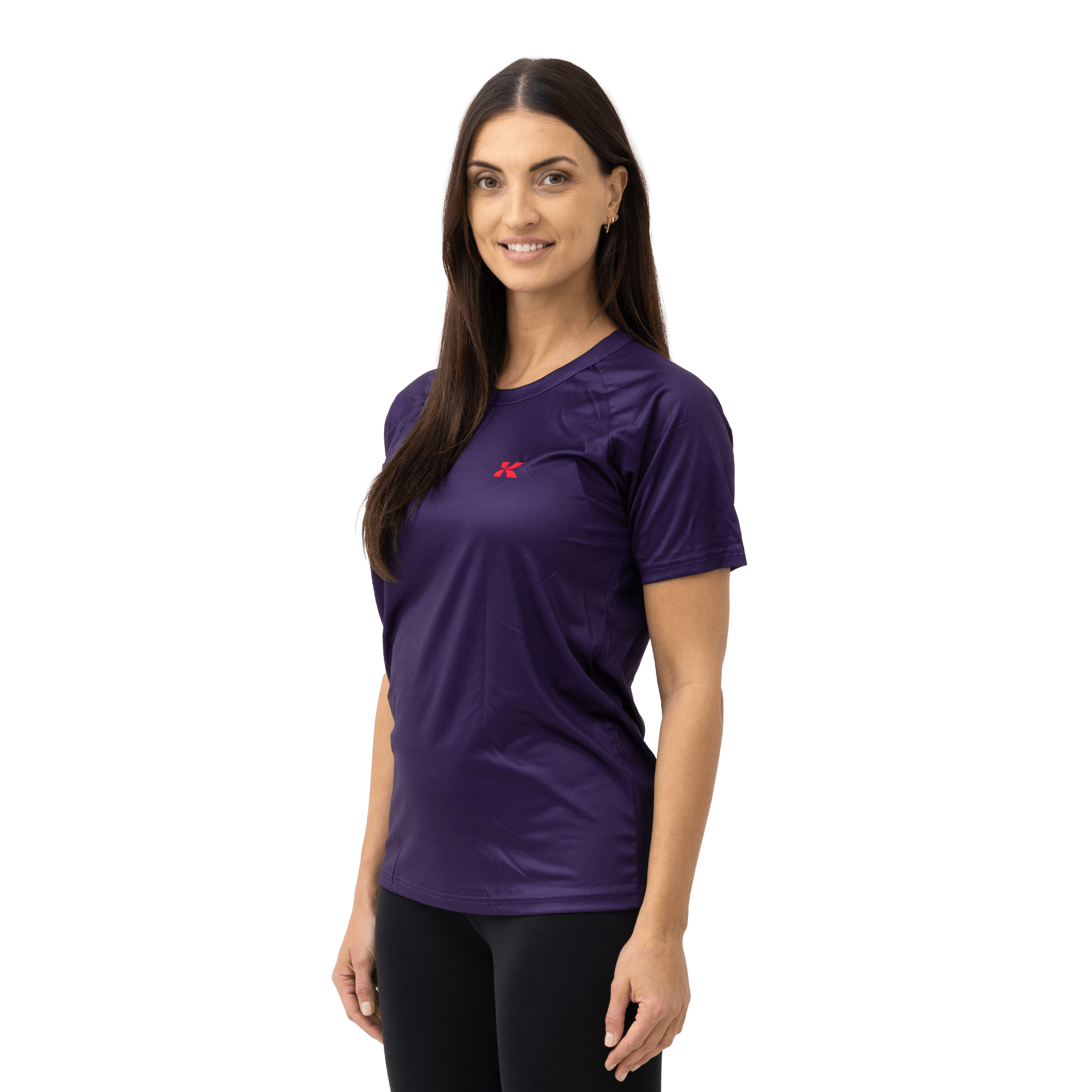 purple active tee with kalmar logo on female model